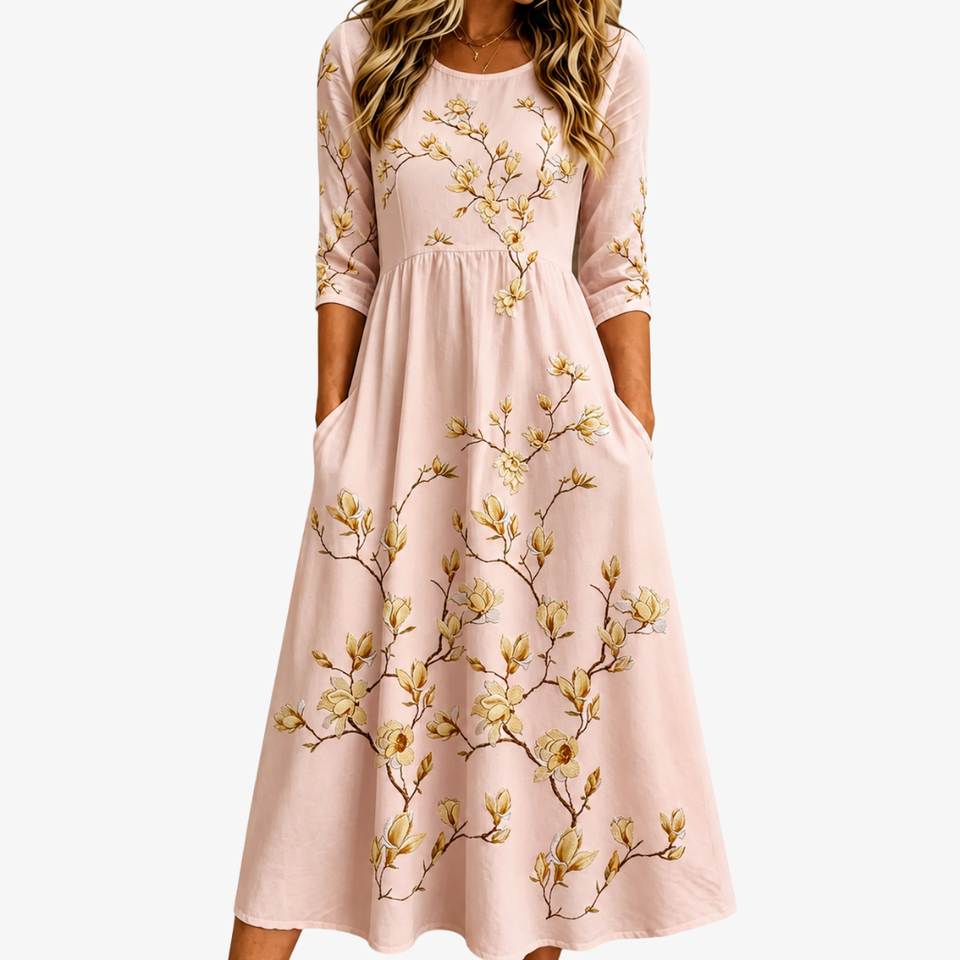 Abito Midi Rosa con Tasche e Magnolia Dorata