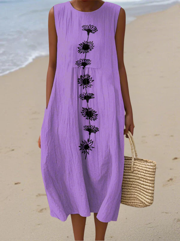 Abito Midi Senza Maniche con Fiori Viola