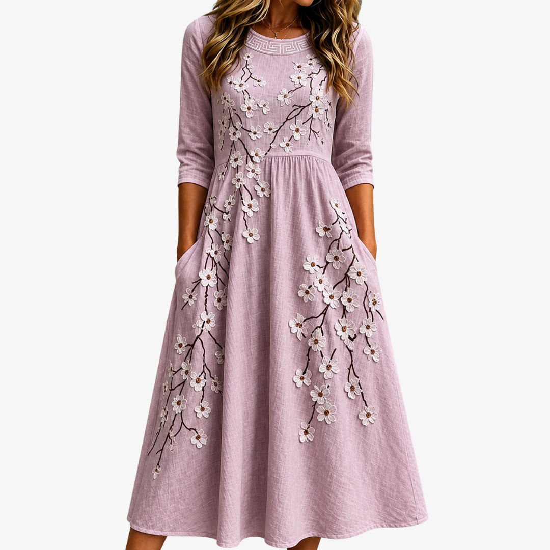 Abito Midi Rosa con Motivo Floreale