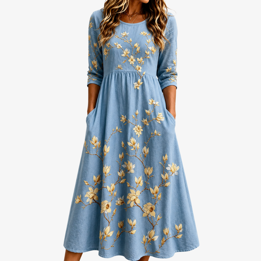 Abito Midi Blu con Tasche e Fiori di Campo