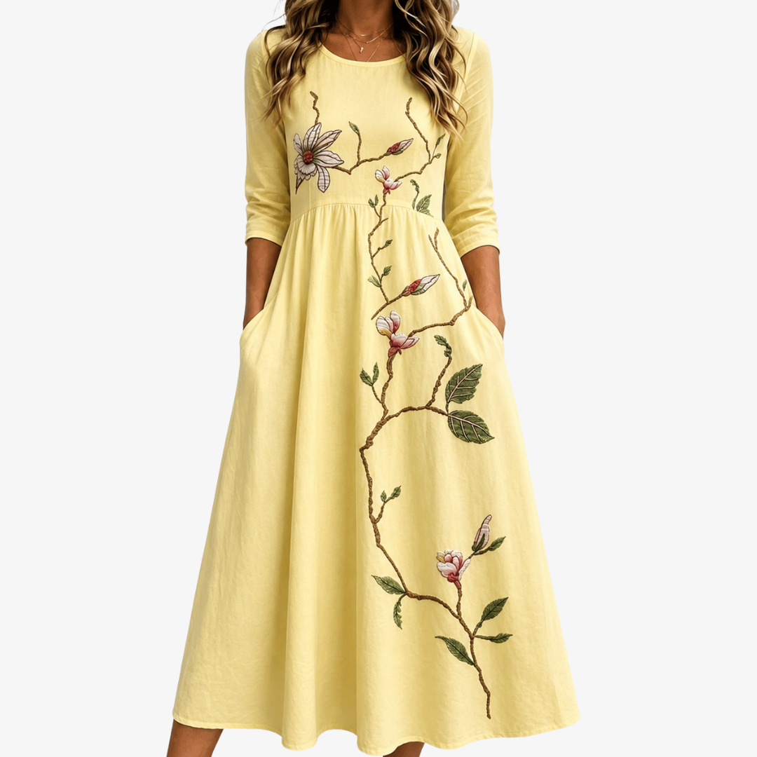 Abito Midi con Tasche e Fiori Dorati