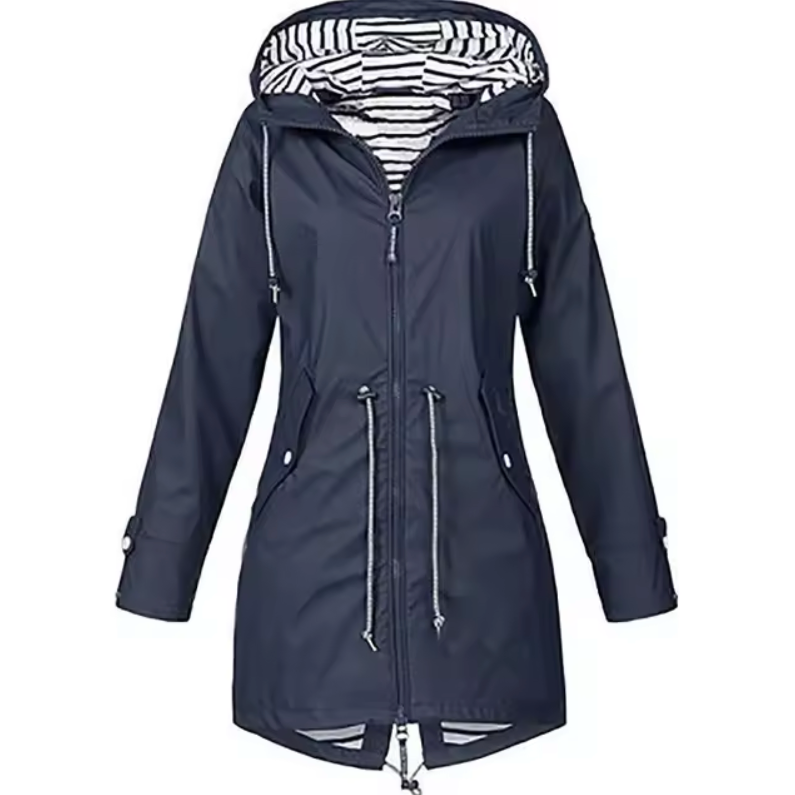 Parka lungo impermeabile da donna con cappuccio e vita regolabile