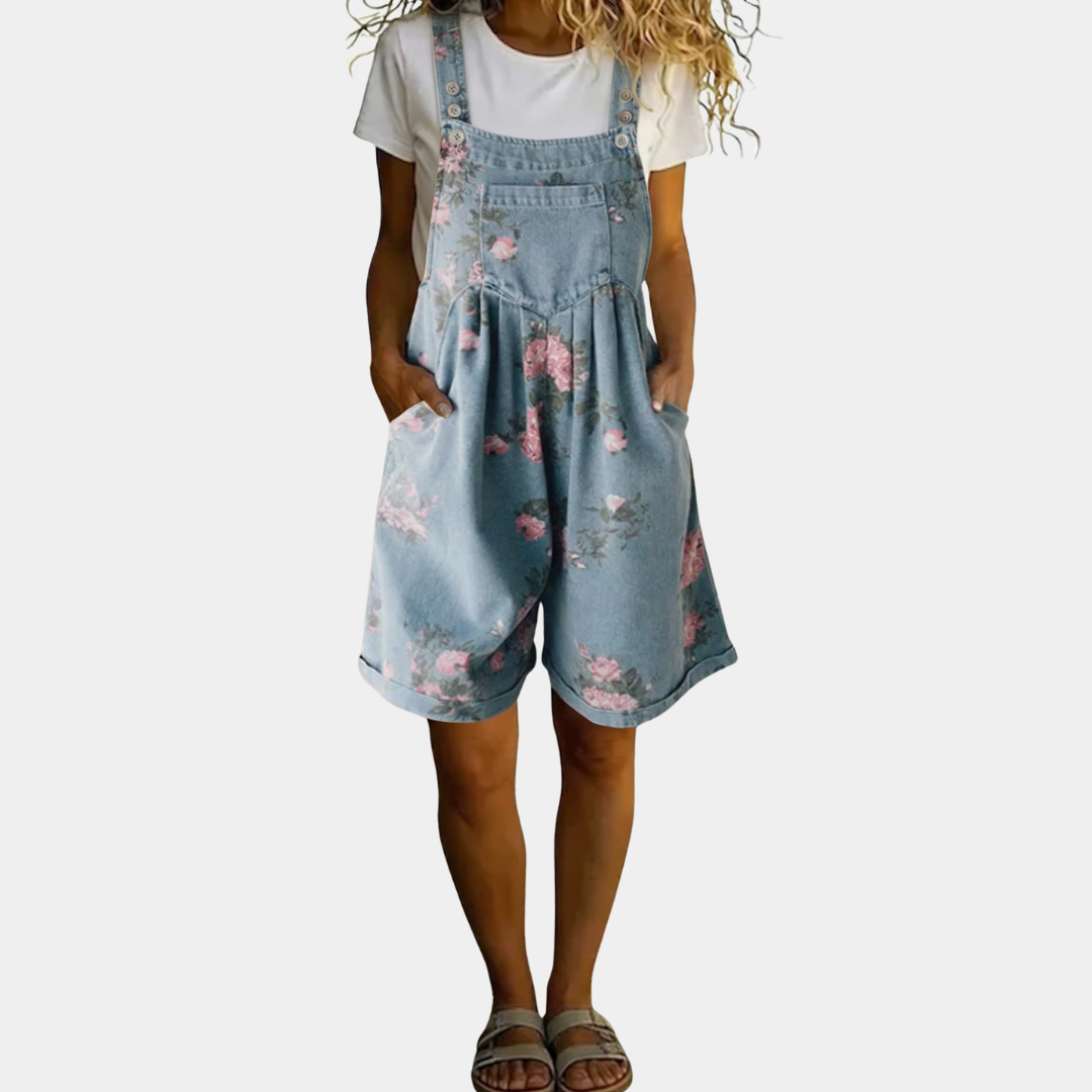 JUDY | SALOPETTE FLOREALE IN DENIM LAVATO