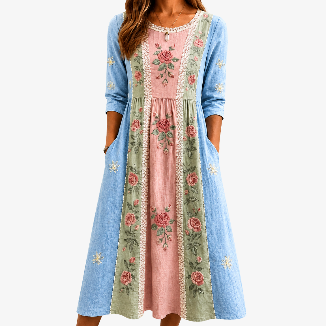 Abito Midi Vintage a Pannelli con Tasche e Rose
