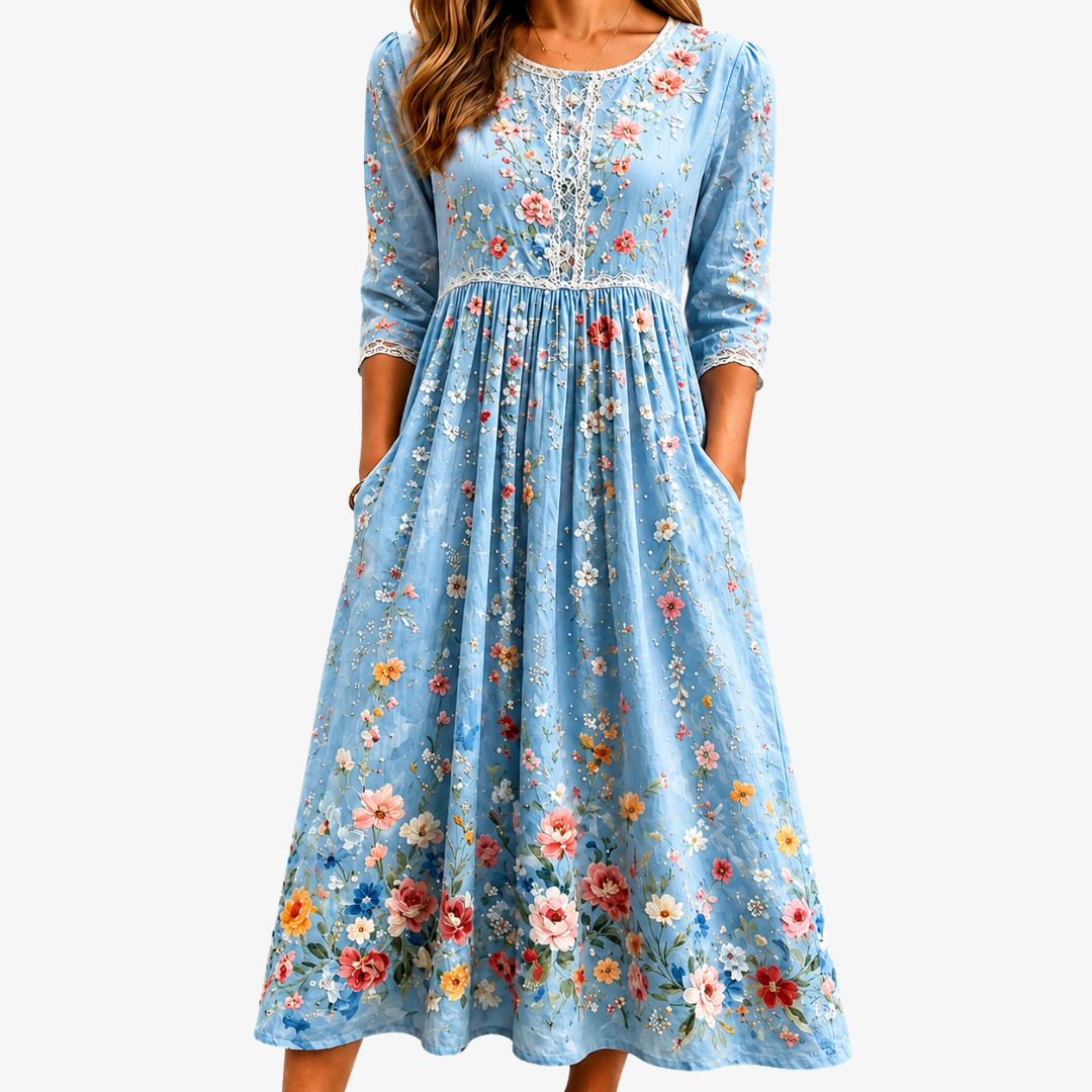 Abito Midi Azzurro con Motivo Floreale