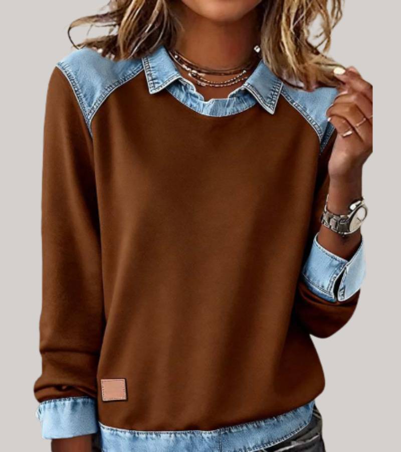 SILVIA | KNIT PATCHWORK TOP WITH DENIM DETAILS