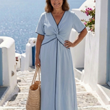 Matilde | Abito Midi con Scollo a V e Maniche Corte con Dettaglio Twist