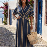 Michela | Abito Midi a Righe con Scollo a V e Maniche Corte