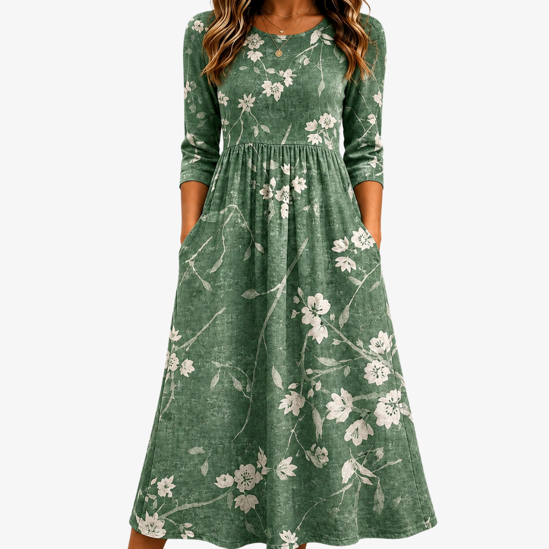 Abito Midi Verde con Tasche e Motivo Floreale