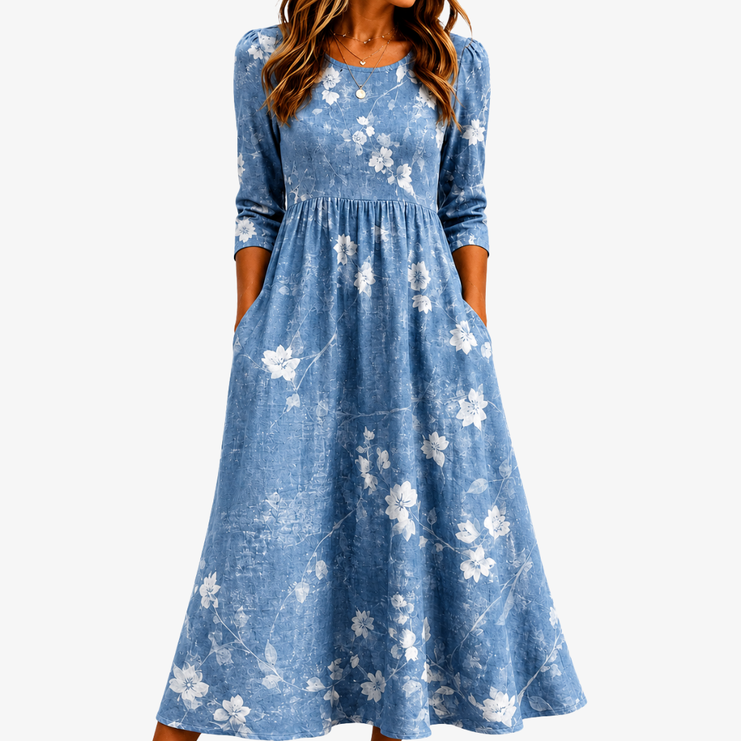 Abito Midi Blu con Tasche e Fiori
