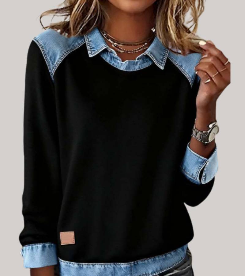 SILVIA | KNIT PATCHWORK TOP WITH DENIM DETAILS