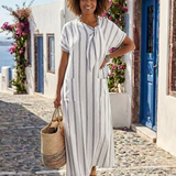 Chloé | Vestido Midi a Rayas con Cuello Anudado y Bolsillos