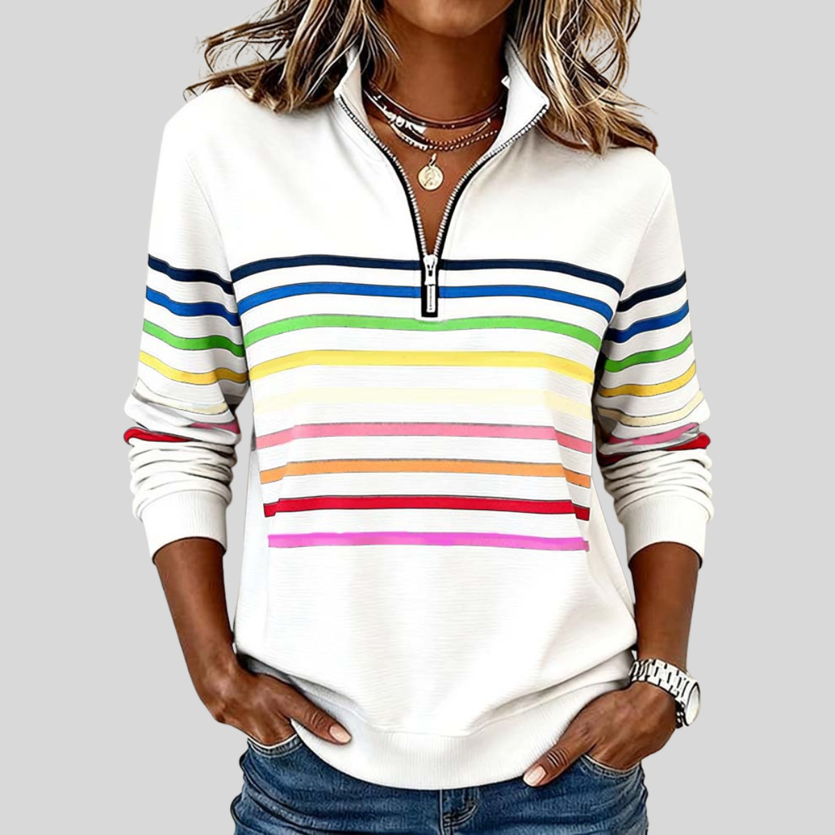 Martina | Felpa a Righe Multicolore con Zip a Quarto