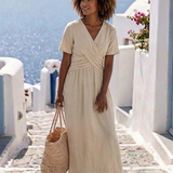Ambre | Vestido Midi Cruzado de Manga Corta con Escote en V