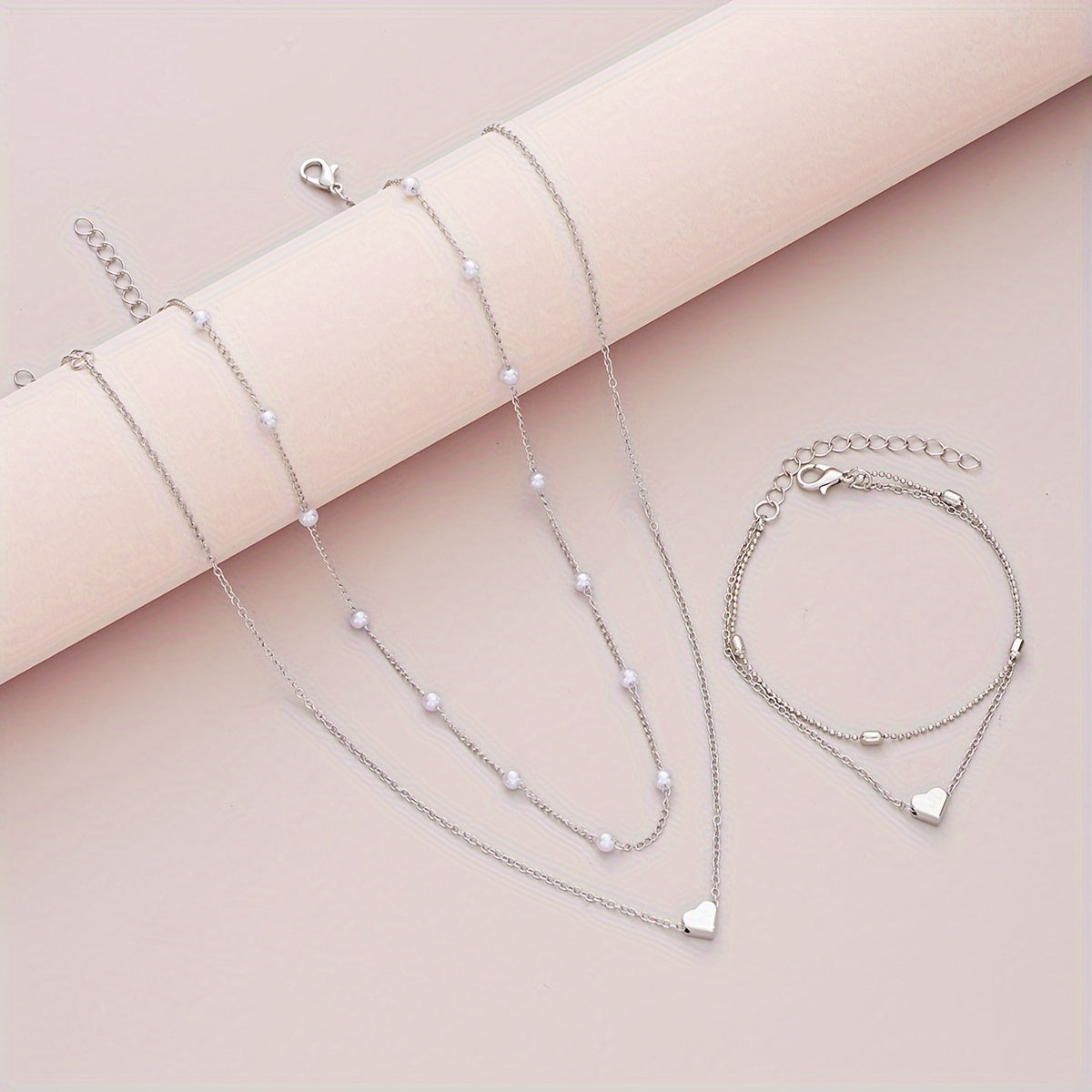 Set Collana e Bracciale con Cuore e Perle
