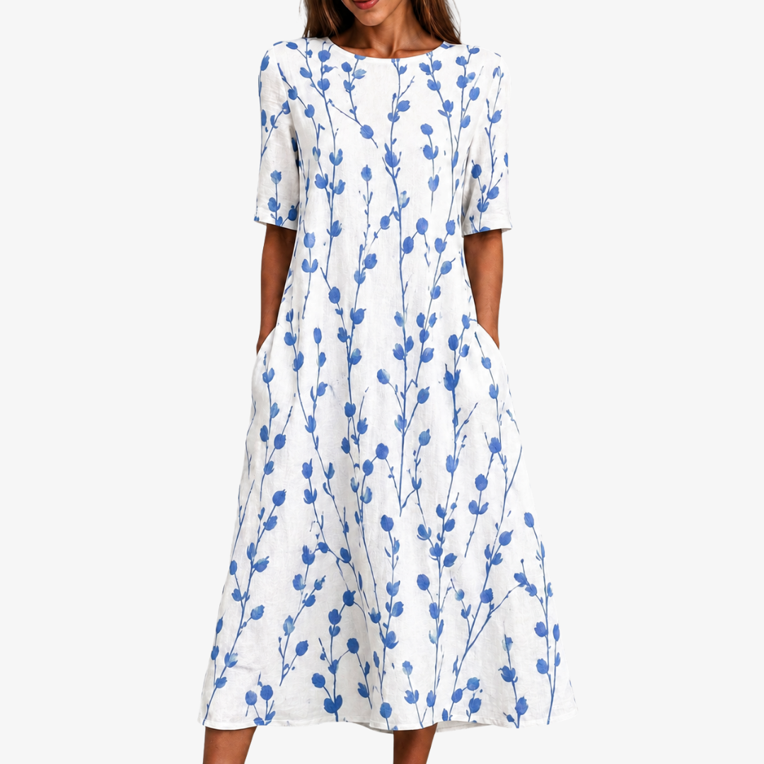 Abito Midi Blu con Tasche e Fiori di Prato
