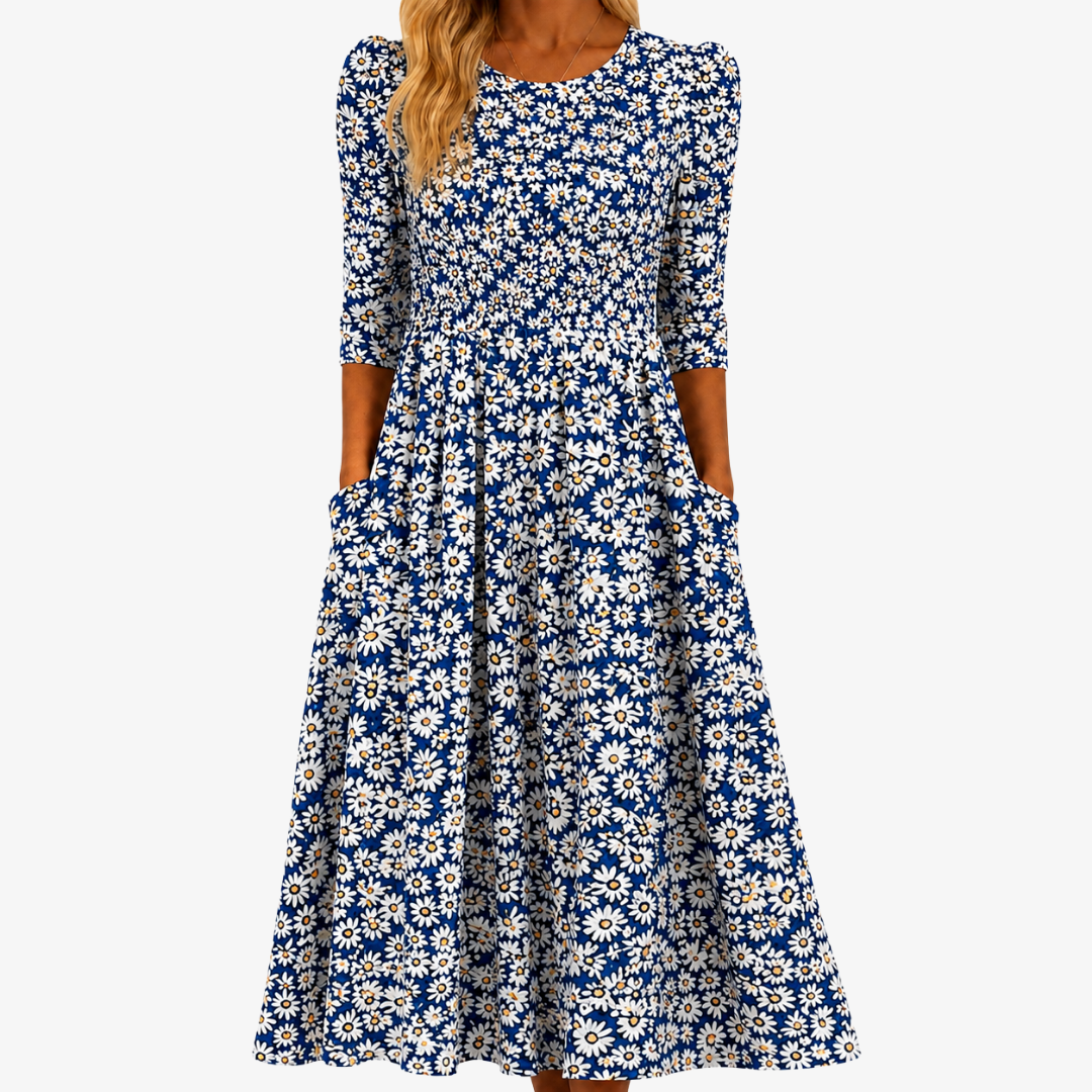 Abito Maxi Blu con Tasche e Margherite
