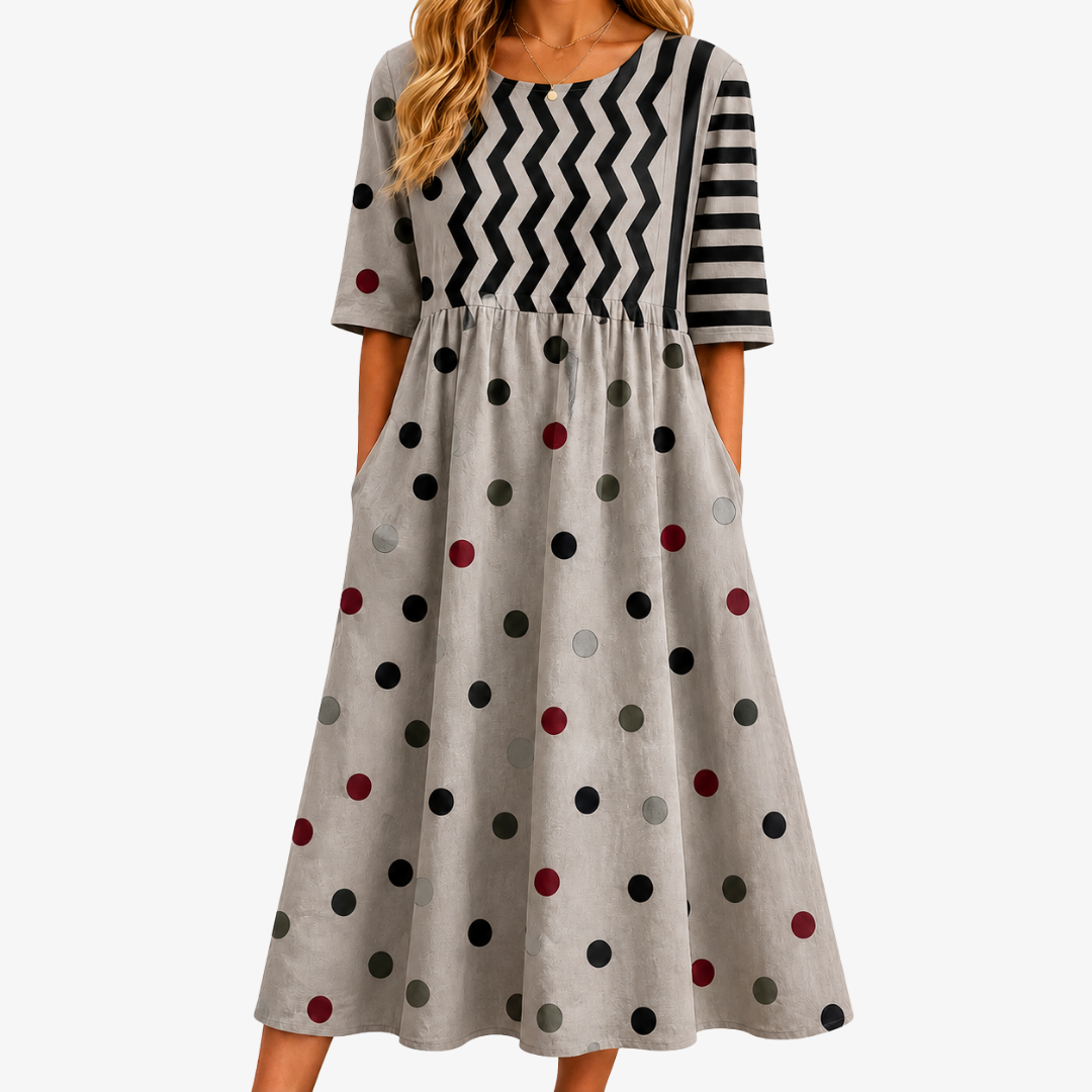 Abito Midi con Tasche e Stampa Mista