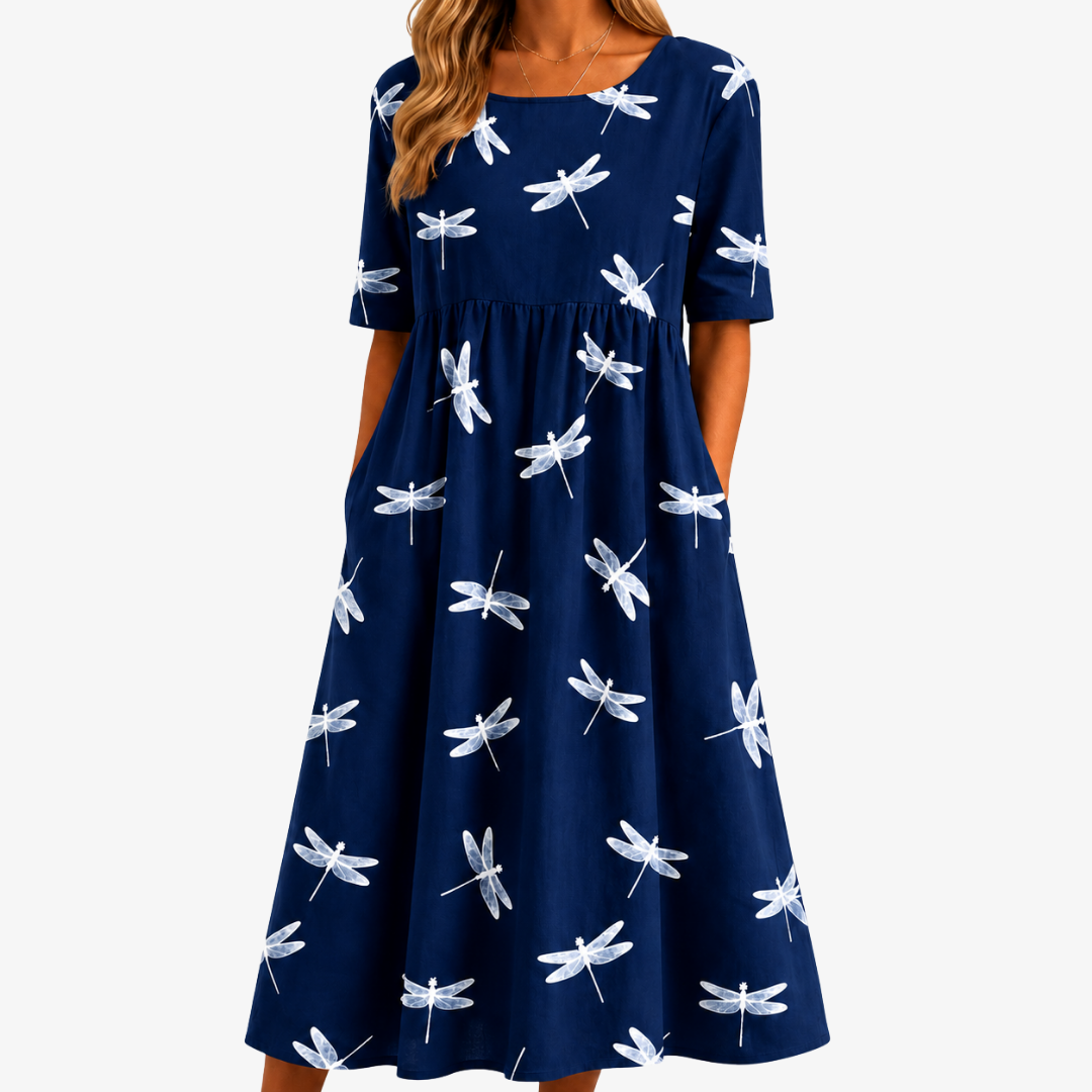 Abito Midi Blu con Tasche e Libellule