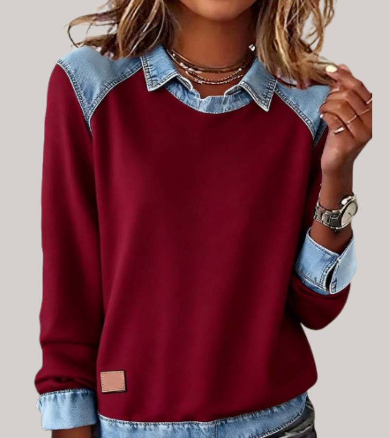 SILVIA | KNIT PATCHWORK TOP WITH DENIM DETAILS