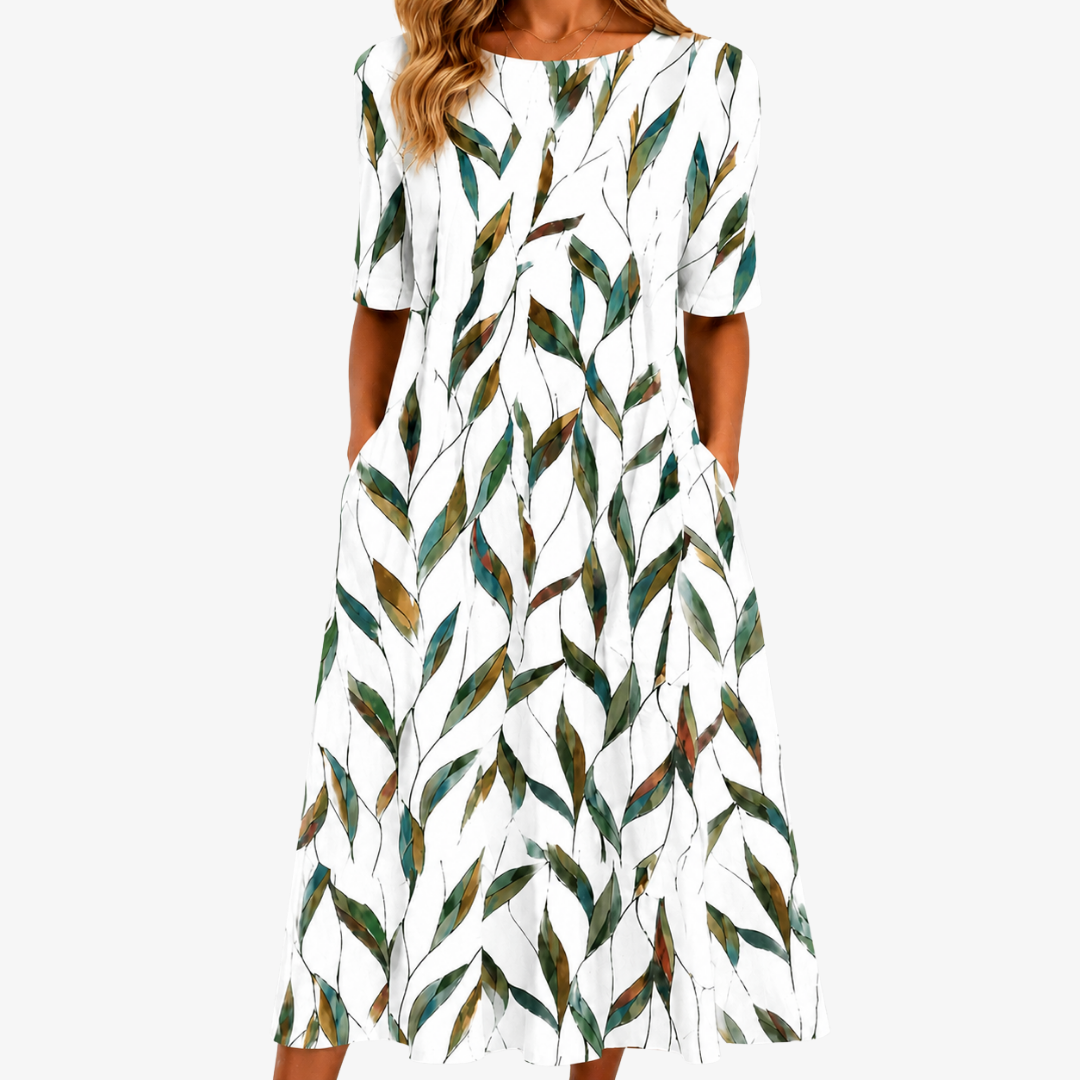 Abito Midi Botanico con Tasche e Foglie