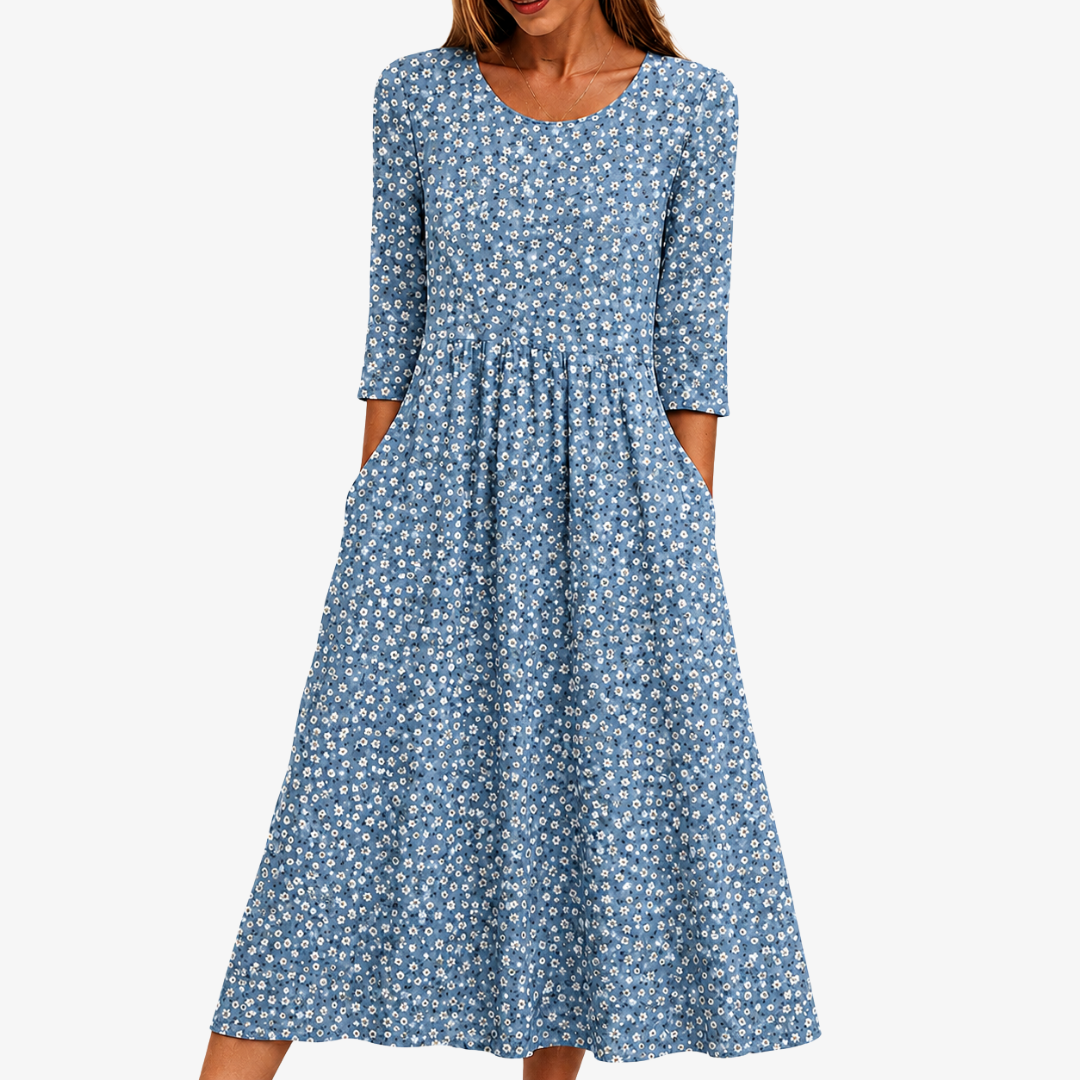 Abito Midi Blu con Motivo Floreale