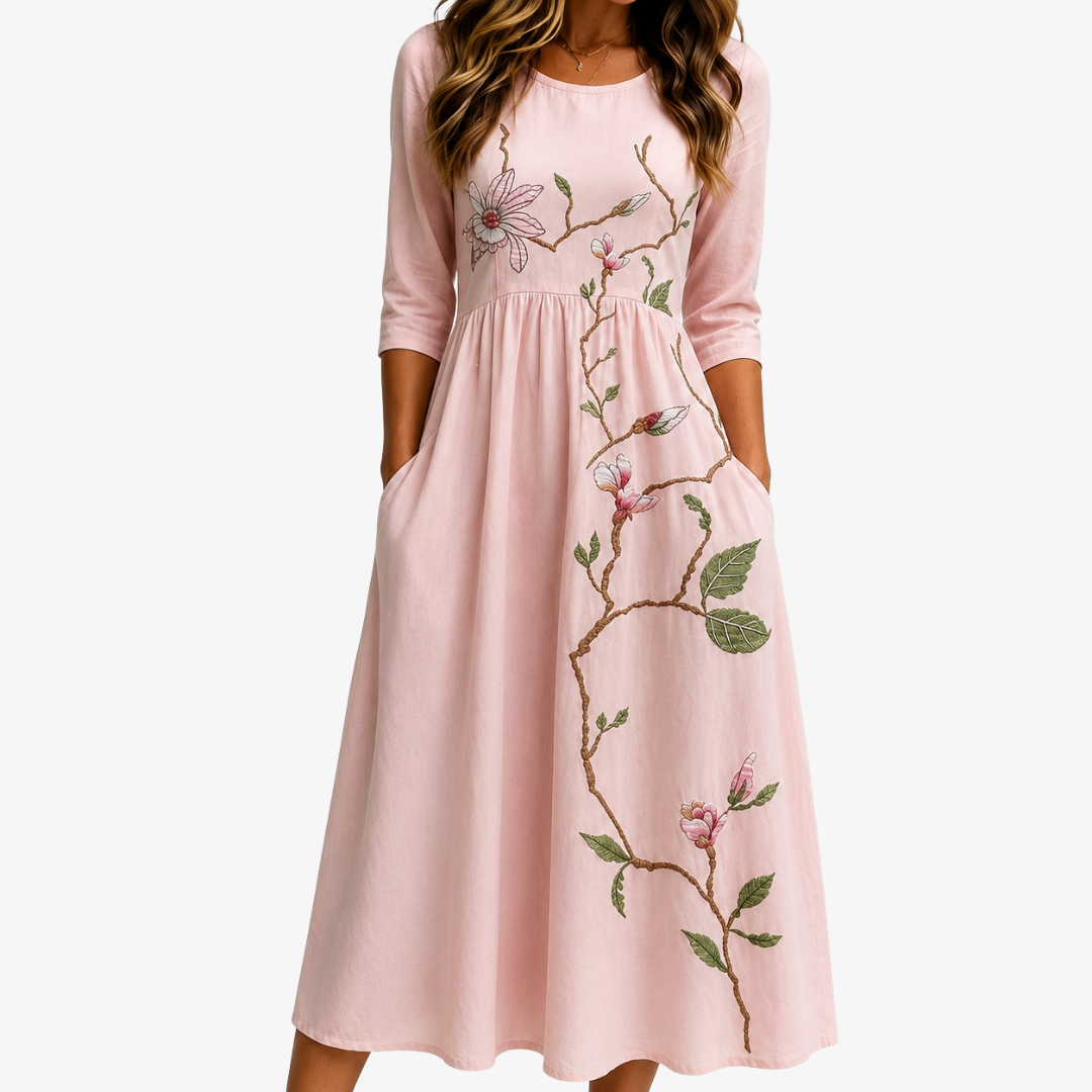 Abito Midi Rosa con Motivo Magnolia