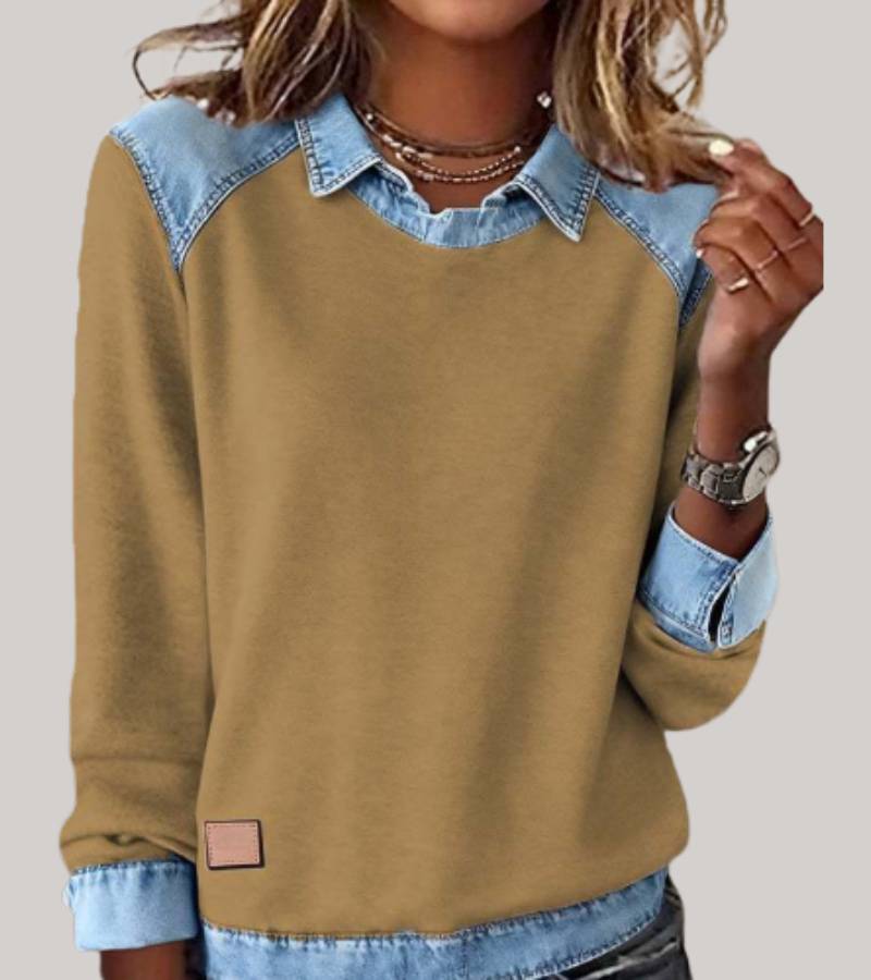 SILVIA | KNIT PATCHWORK TOP WITH DENIM DETAILS