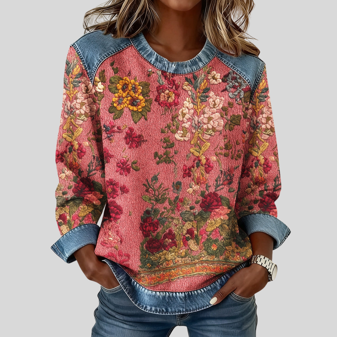 Isabella | Felpa Floreale con Rifiniture in Denim