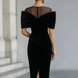 Regina ❘ Abito Midi in Velluto Nero Drammatico con Fiocco