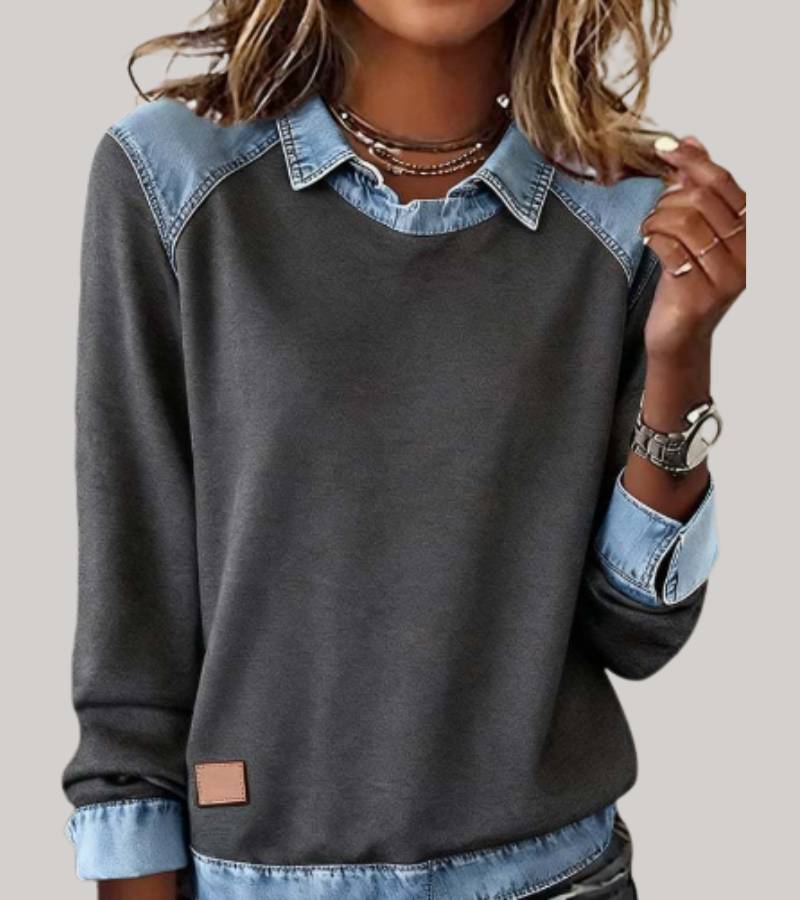 SILVIA | KNIT PATCHWORK TOP WITH DENIM DETAILS