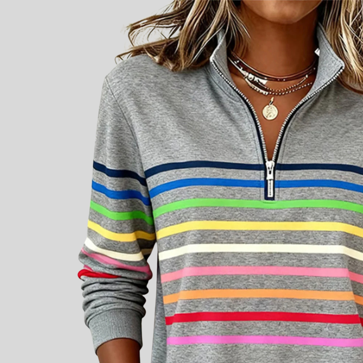Martina | Felpa a Righe Multicolore con Zip a Quarto