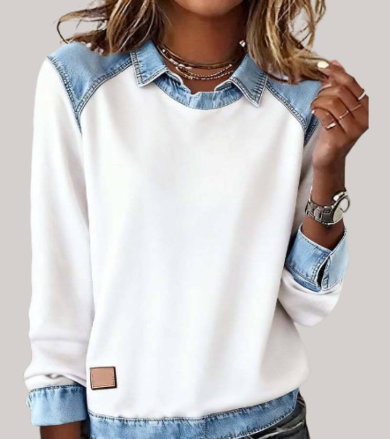 SILVIA | KNIT PATCHWORK TOP WITH DENIM DETAILS