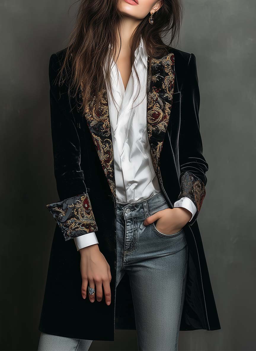 Leonora – Blazer nero sagomato con stampa barocca