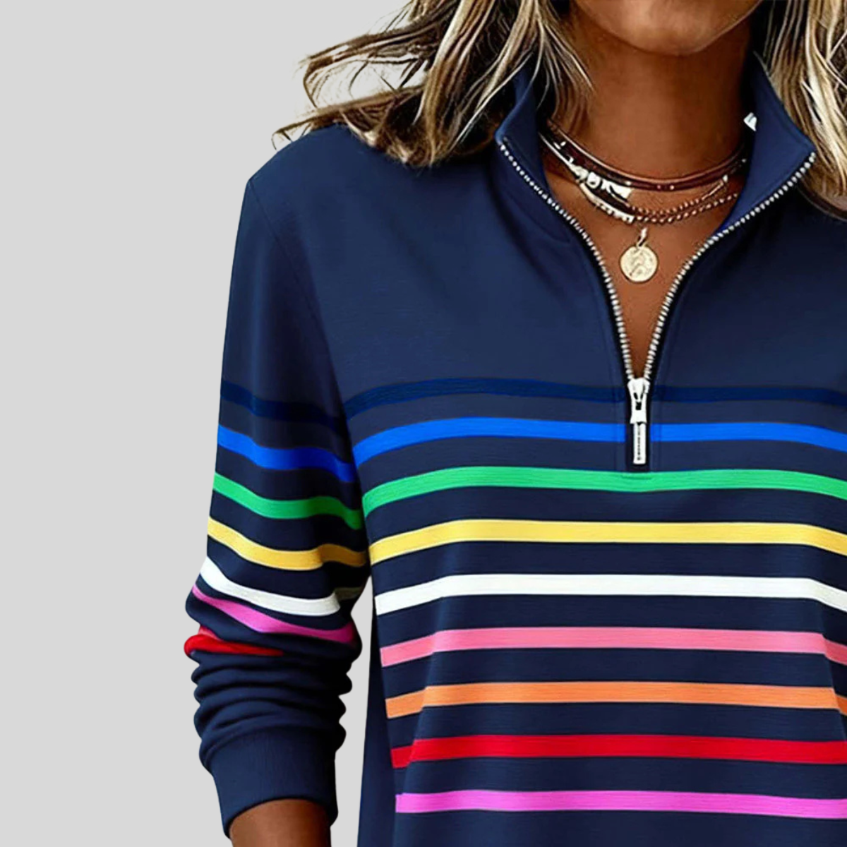Martina | Felpa a Righe Multicolore con Zip a Quarto