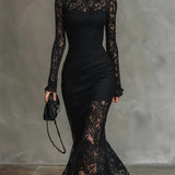 Elisabetta - Elegante Abito Maxi Fishtail in Pizzo Nero Elasticizzato