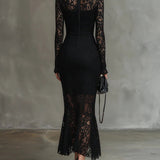 Elisabetta - Elegante Abito Maxi Fishtail in Pizzo Nero Elasticizzato