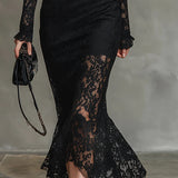 Elisabetta - Elegante Abito Maxi Fishtail in Pizzo Nero Elasticizzato