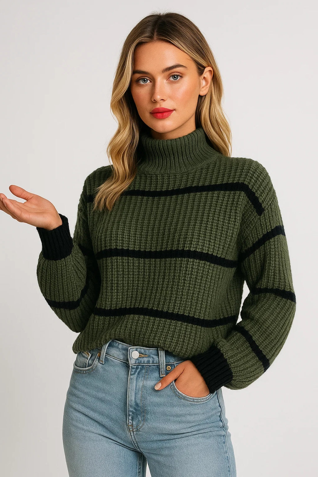 DEVINA | MAGLIONE CON COLLO ALTO A RIGHE RIBBATO