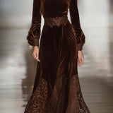 Isabella · Abiti Maxi in Velluto con Collo Alto e Maniche a Palloncino in Pizzo Patchwork