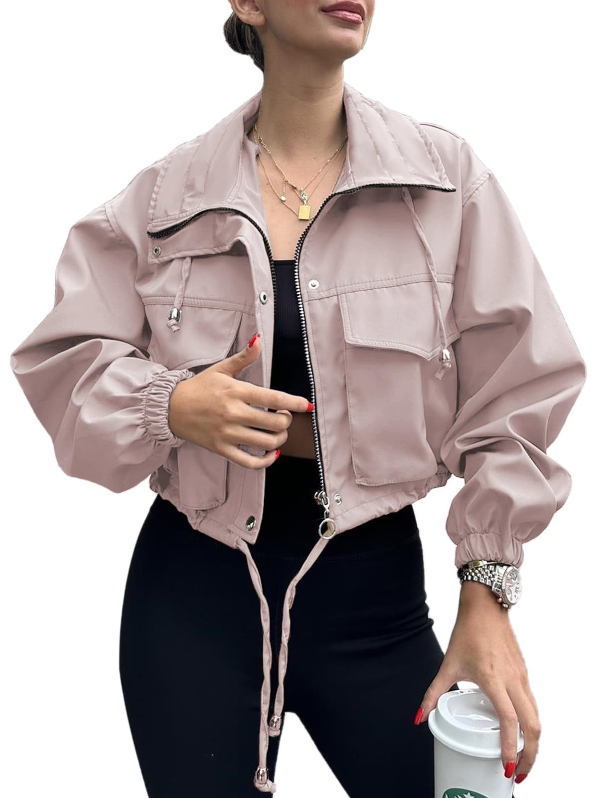 Giacca corta da donna con coulisse e polsini elasticizzati