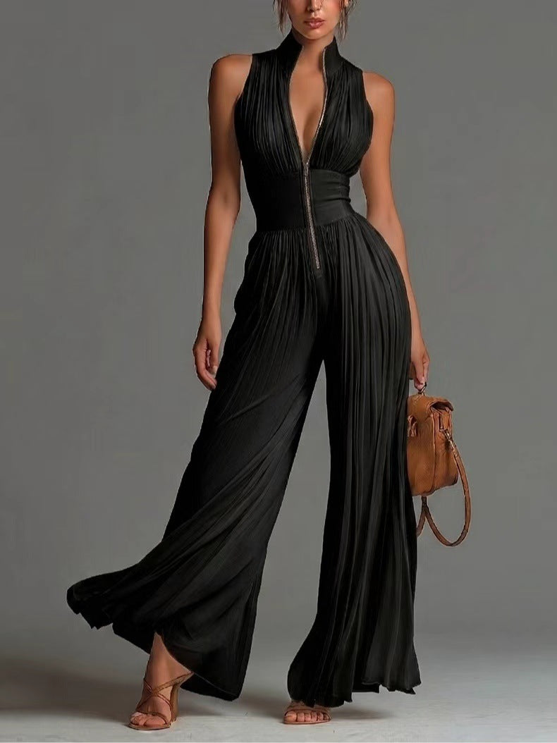 White sleeveless V-neck jumpsuit with zip closure.