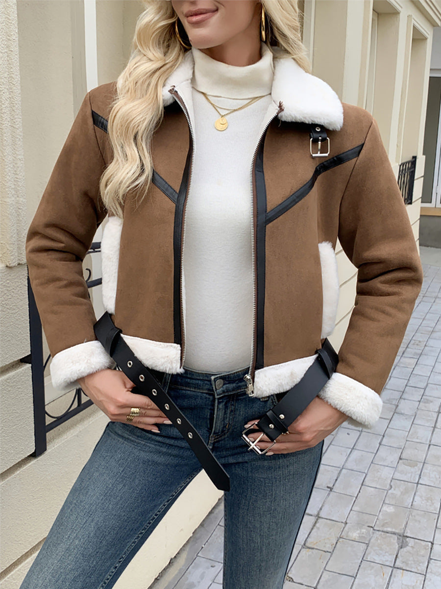 Giacca teddy da donna con colletto e cintura