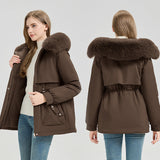 Cappotto corto da donna con cappuccio in pelliccia sintetica
