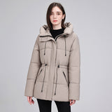 Parka imbottito da donna con cappuccio e vita regolabile
