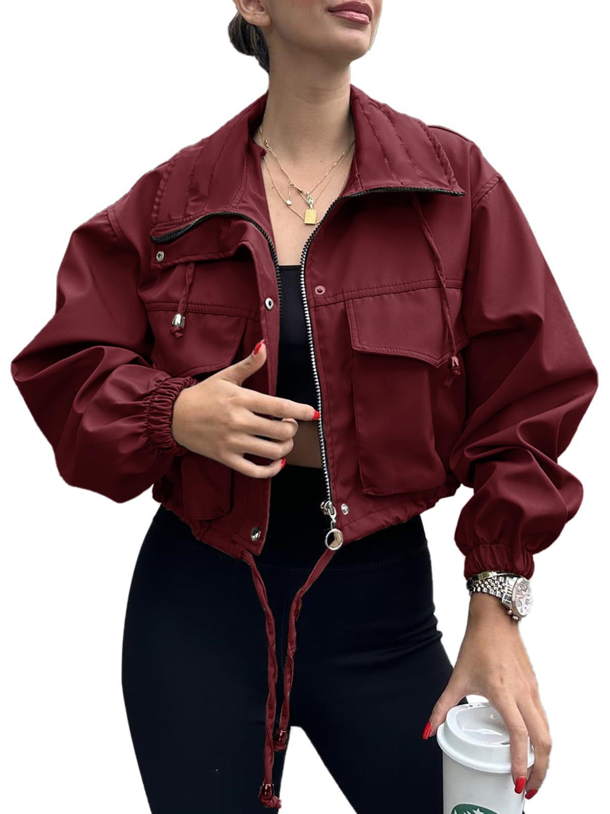 Giacca corta da donna con coulisse e polsini elasticizzati