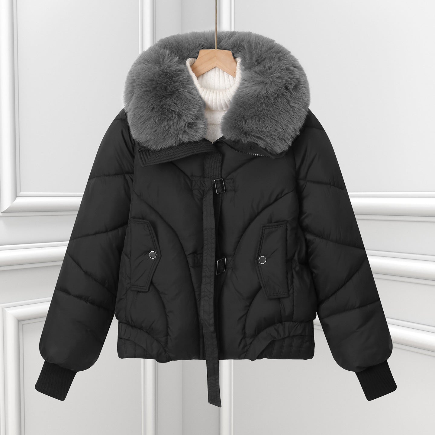 Giacca corta stile aviator con collo a scialle e coulisse