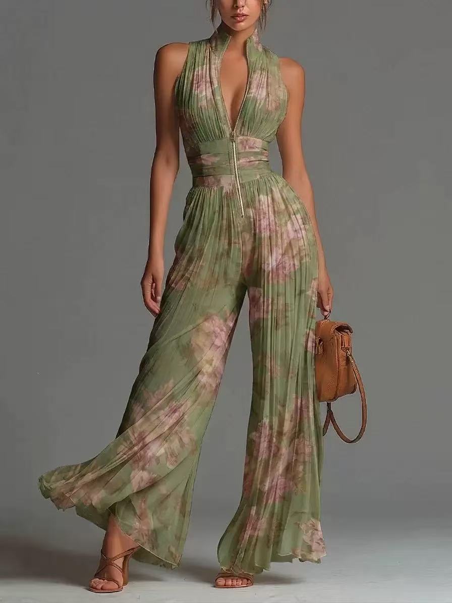 White sleeveless V-neck jumpsuit with zip closure.