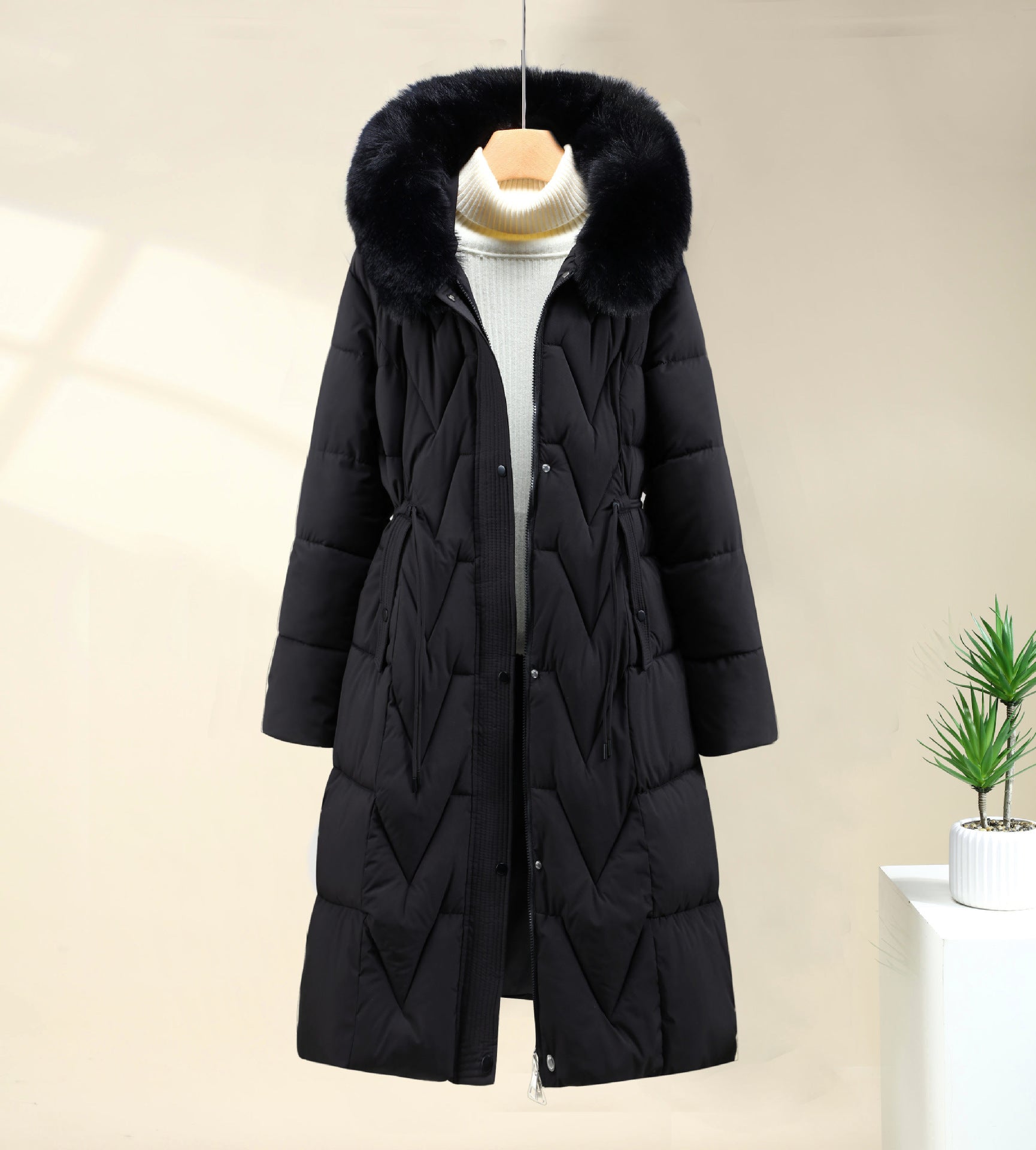 Parka lungo da donna con cappuccio removibile e coulisse