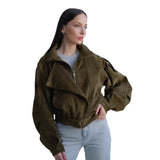 Giacca corta da donna in suede con zip asimmetrica